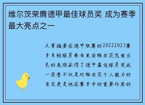维尔茨荣膺德甲最佳球员奖 成为赛季最大亮点之一 维尔茨荣膺德甲最佳球员奖 成为赛季最大亮点之一