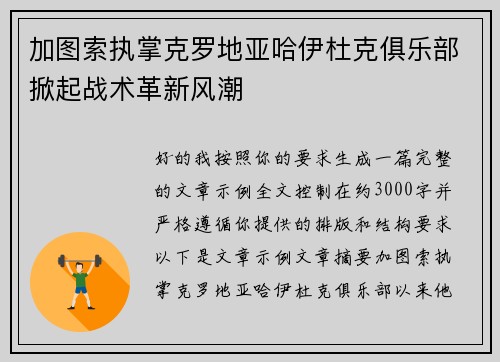 加图索执掌克罗地亚哈伊杜克俱乐部掀起战术革新风潮 加图索执掌克罗地亚哈伊杜克俱乐部掀起战术革新风潮