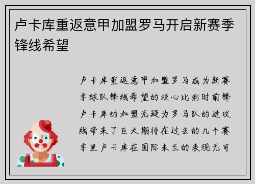 卢卡库重返意甲加盟罗马开启新赛季锋线希望
